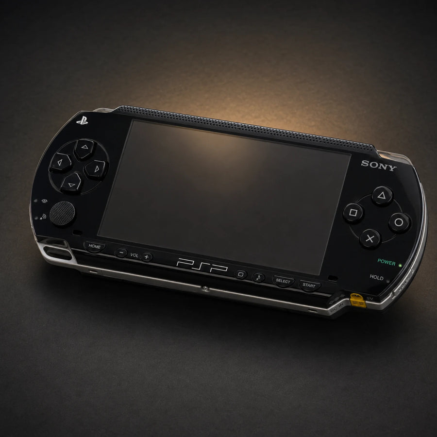 Black PSP 1000 handheld console on a charcoal and gold studio background