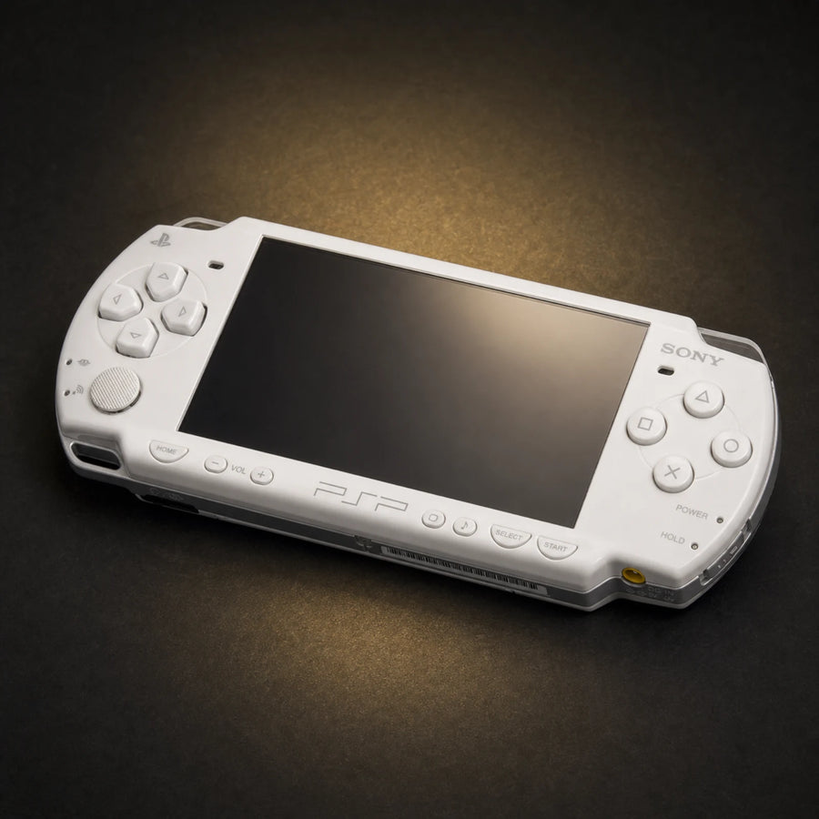 Pearl-white PSP 2000 Slim handheld console on a charcoal and gold studio background
