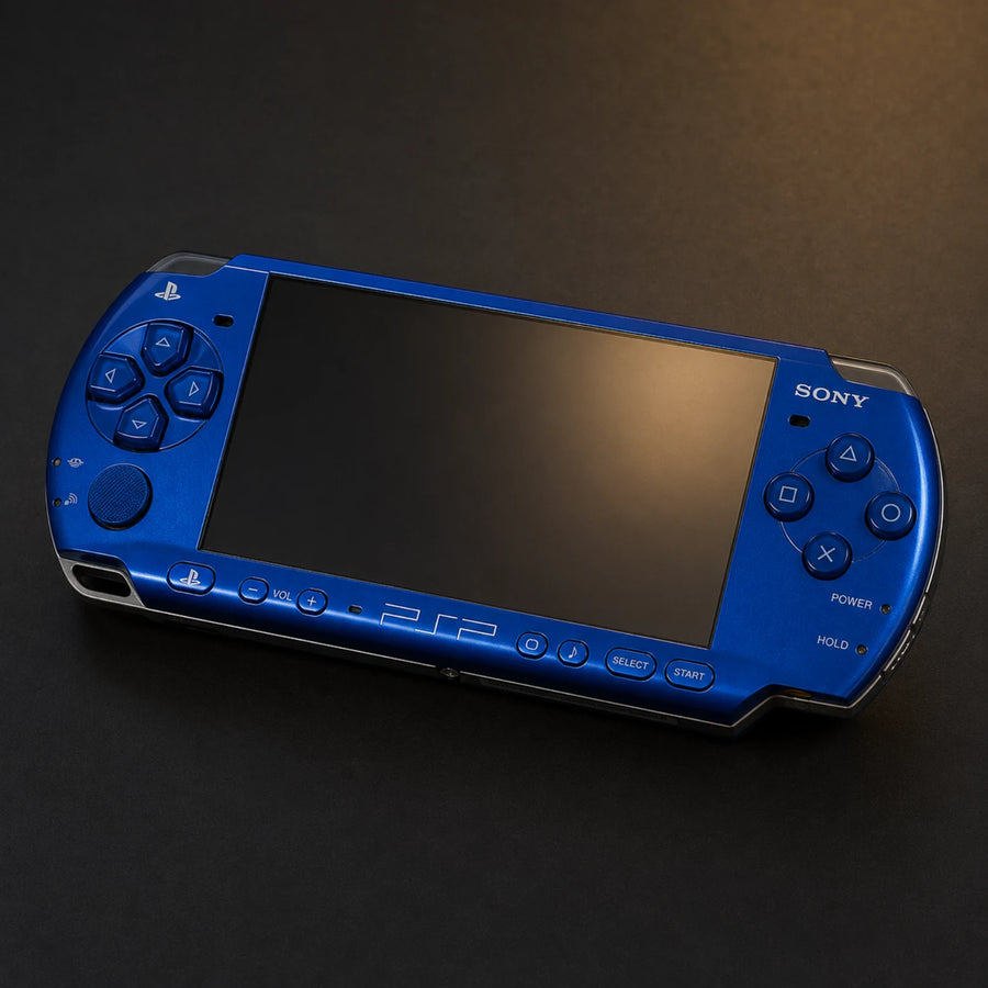 Vibrant-blue PSP 3000 handheld console on a charcoal and gold studio background